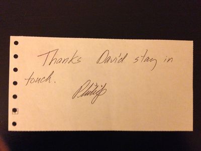 A notes with the words: Thanks, David. Stay in touch. –Philip. Written on the back of my last paycheck, handwritten by my former boss, from the grocery store I worked at in Asheville, N.C. We moved from there to Greensboro for the first time in 2008. I found the note while packing.