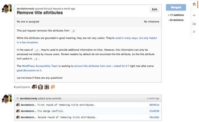 A screenshot of my first open source code contribution on GitHub, issue number 300 for the Underscores WordPress theme. It shows the removal of title attributes from the HTML.
