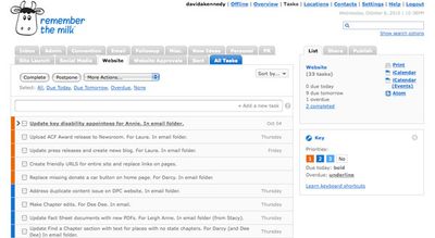 Remember the Milk interface, showing to-do list on the left and a sidebar on the right.