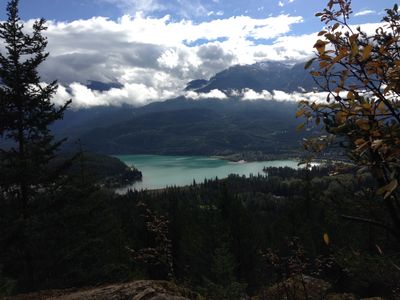 A lookout, overlooking a lake, on Skywalk Trail in Whistler, British Columbia.