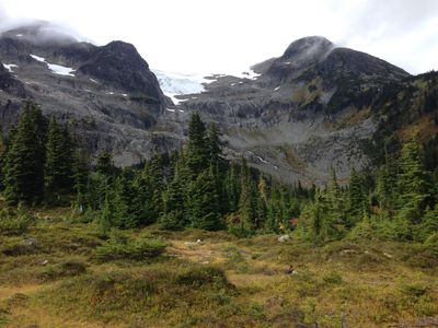 A view of Rainbow Mountain looking over a field in Whistler, British Columbia.