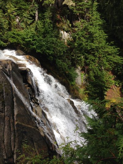 A waterfall flowing down a cliff, near a lookout on Skywalk Trail in Whistler, British Columbia.