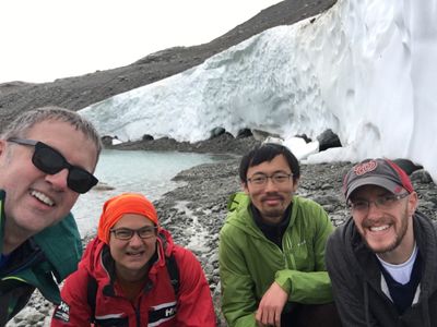 From left to right, Stu West, Jonah Braun, Xiao Yu and David Kennedy on a glacier beach in Whistler, British Columbia.